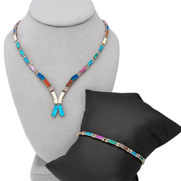E. Luna Taxco Mexico .950 Silver Multicolor Lab Opal Inlay Necklace & Bracelet - Picture 1 of 8